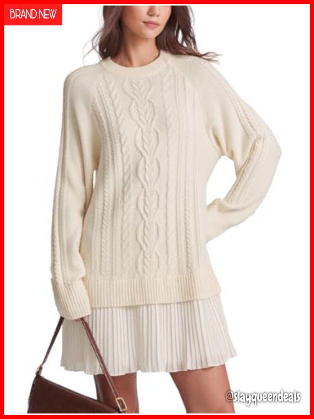 Cable Knit Sweater Mini Dress Pleated Skirt Long Sleeve Crewneck